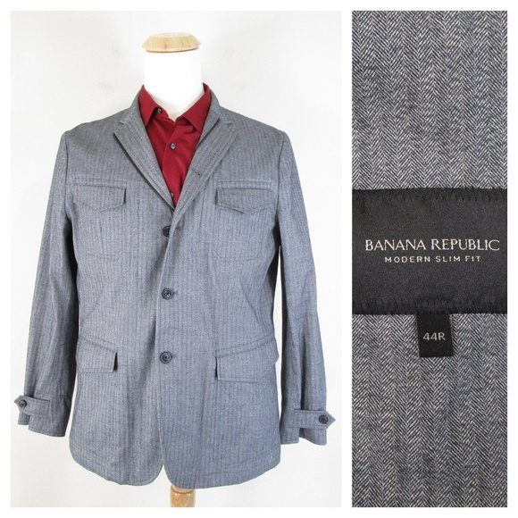Banana Republic Gray Herringbone Zip Modern Slim Fit Sport Coat 44R
